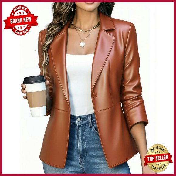 Jackets & Blazers - Slim Fit Faux Leather Blazer Jacket 3/4 Sleeves Business Casual